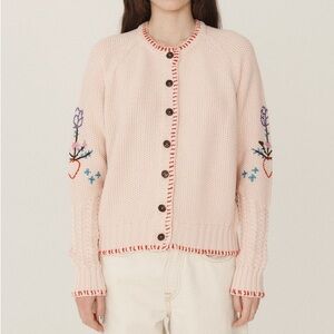 YMC You Must Create Cotton Hand Knit Embroidered Lotus Chunky Cardigan XS